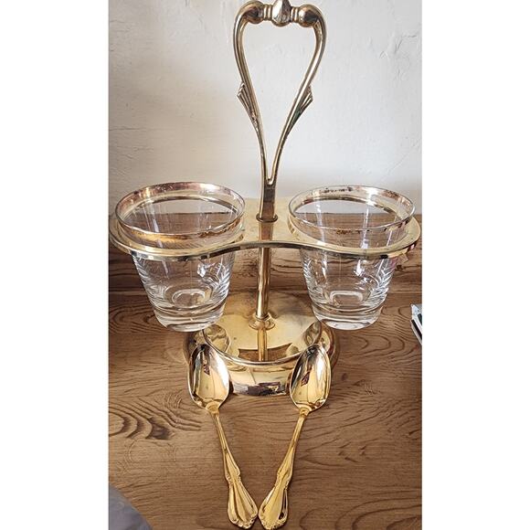 Vintage Mid-Century Gold Tone 2 Condiment Server Carousel With Spoons MCM - Picture 5 of 9